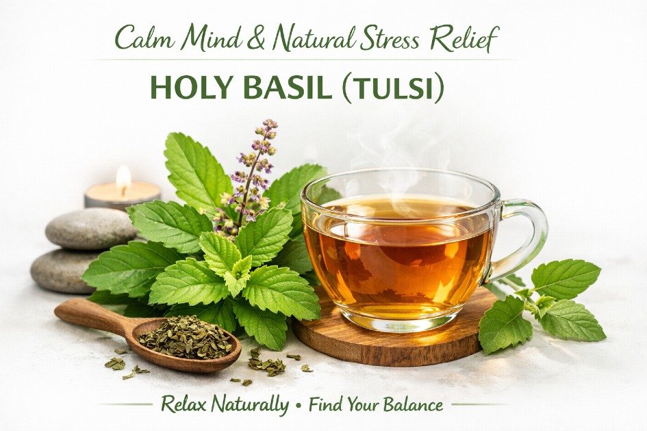 Holy basil (tulsi) leaves and tea promoting calm mind and natural stress relief