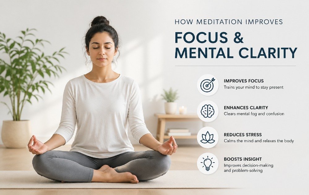 Person meditating calmly in a quiet space, illustrating improved focus and mental clarity through mindfulness practice.
