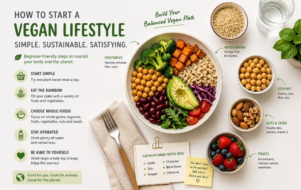 Beginner-friendly vegan meal setup showing plant-based foods like vegetables, grains, legumes, and fruits for a simple and sustainable lifestyle transition.