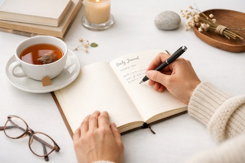 Person writing in a journal with a cup of tea nearby, symbolizing daily journaling habits for clarity and mindfulness.