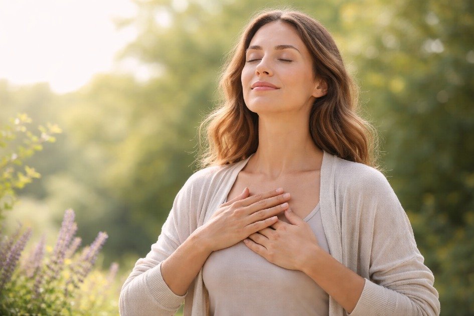 Calm woman practicing deep breathing outdoors to manage anxiety naturally.