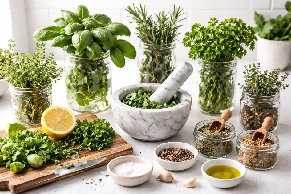 Fresh herbs on a kitchen counter with jars, mortar, and pestle, showing practical home herb use