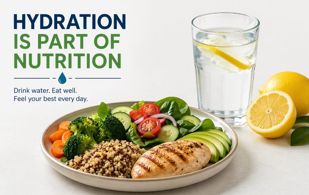 Glass of water with fresh lemon beside a balanced meal, highlighting hydration as a key part of daily nutrition.