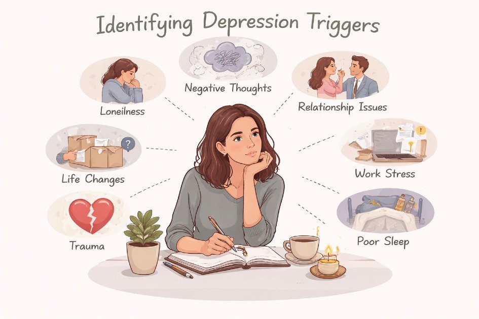 Person reflecting quietly while identifying emotional and environmental depression triggers in a calm setting