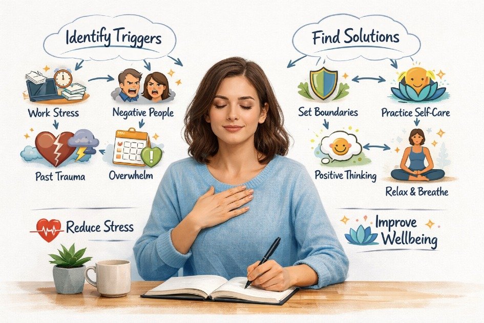 Person calmly identifying emotional triggers to reduce stress and improve wellbeing