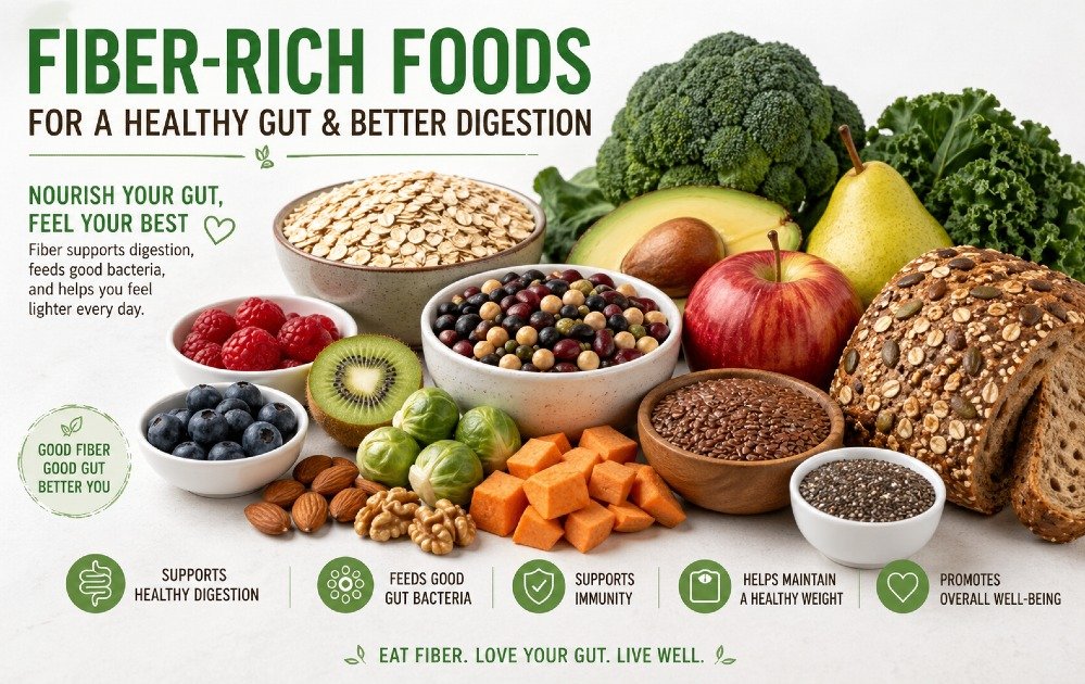 Fiber-rich foods like fruits, vegetables, legumes, and whole grains arranged to support improved gut health and digestion.