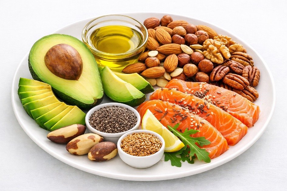 Colorful plate of healthy fats including avocado, nuts, olive oil, and salmon for daily nutrition