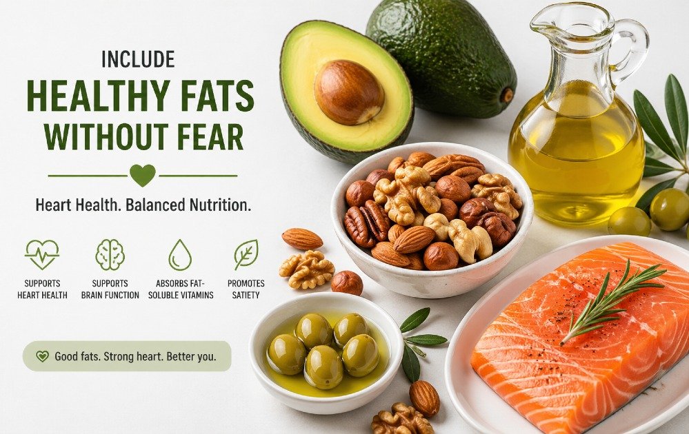 Healthy fats from avocado, nuts, olive oil, and salmon arranged to support heart health and balanced nutrition