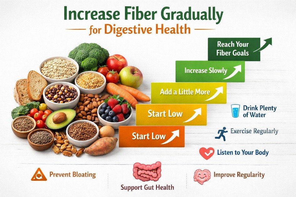 Healthy high-fiber foods and gradual fiber intake for digestive wellness.