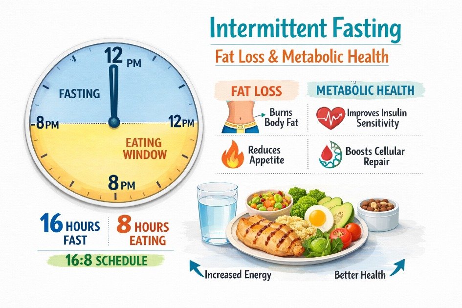 Intermittent fasting schedule with clock and healthy meal illustrating fat loss and metabolic health