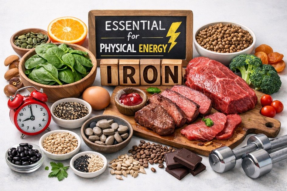 Iron-rich foods like spinach, red meat, and lentils arranged to support energy production and prevent fatigue