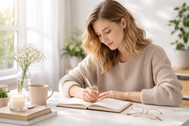 Person journaling in a calm, bright space to boost focus and mental clarity