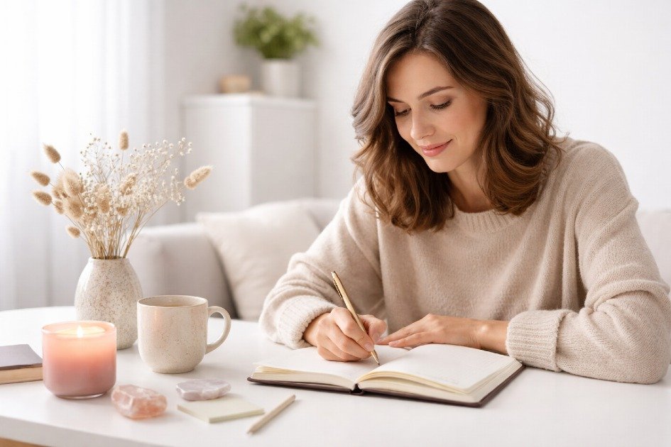 Woman writing in a journal to relieve stress and manage anxiety