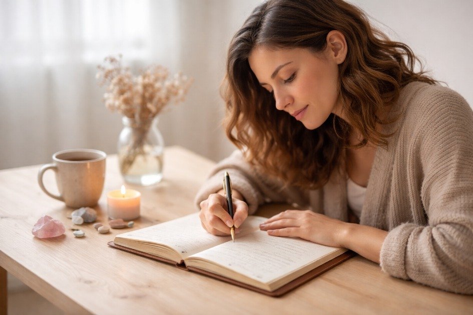 Person writing in a journal to release stress and process emotions naturally.