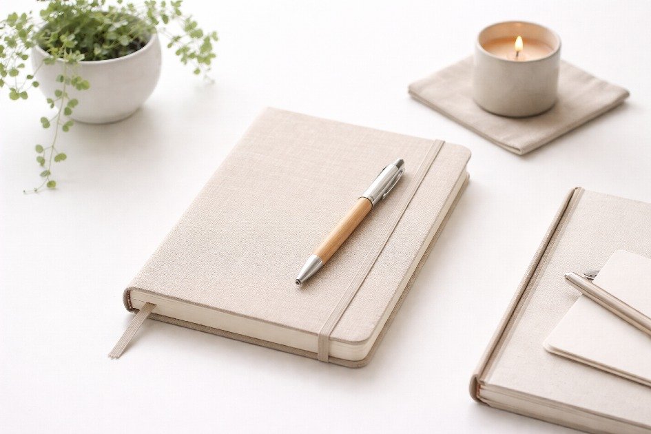 Minimalist journal with pen on a clean desk, symbolizing simple and sustainable journaling habits.