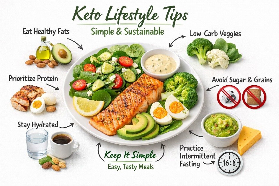 Healthy keto meal with low-carb ingredients, illustrating simple and sustainable keto lifestyle tips.
