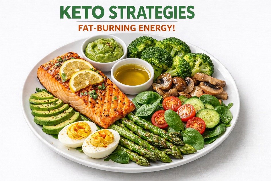 Healthy ketogenic meal with low-carb vegetables and protein illustrating effective keto strategies.