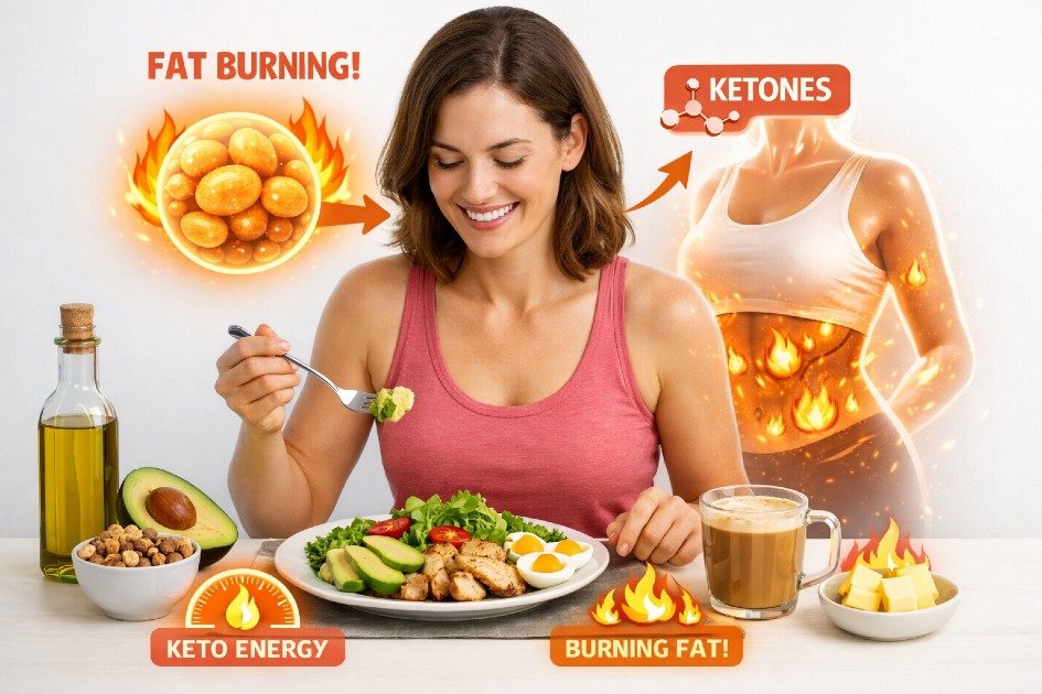 Person enjoying keto-friendly meal with visual indicators of fat burning