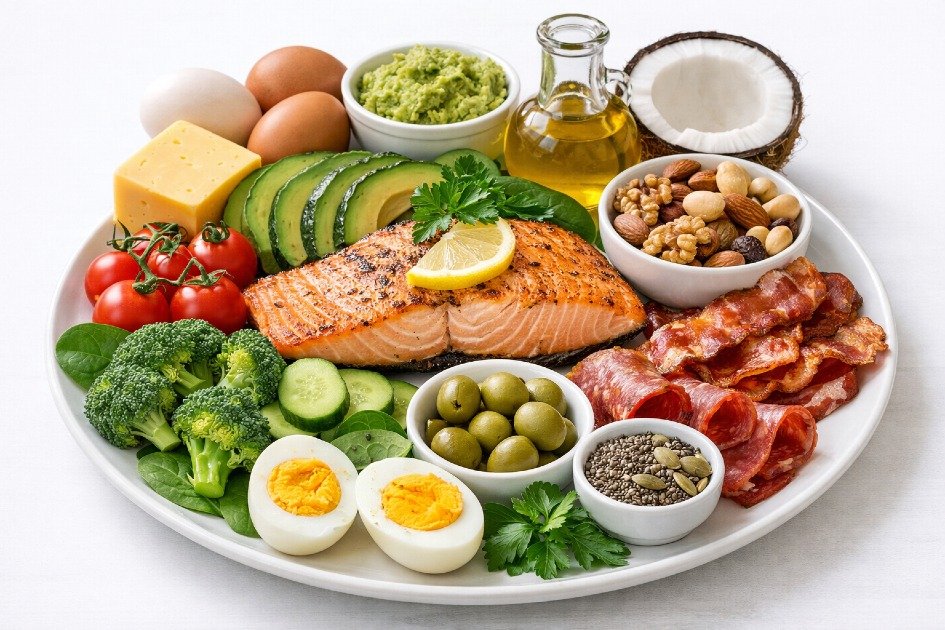 Keto diet essentials on a plate with fresh vegetables and healthy fats for optimal health.