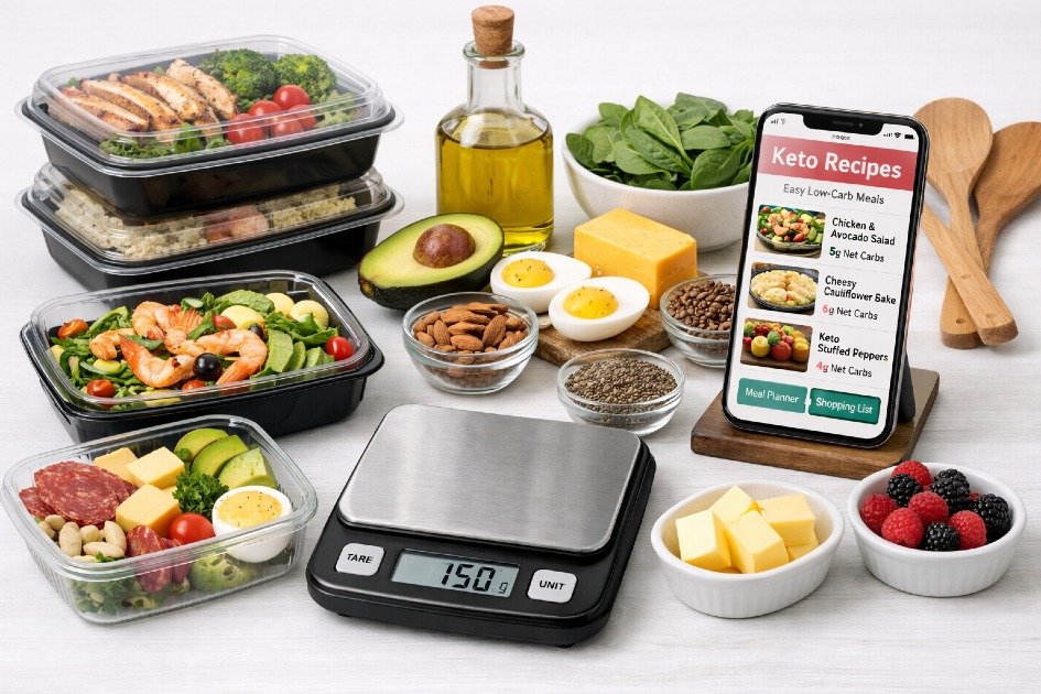 Keto diet tools including meal prep containers, food scale, and recipe app for easier low-carb cooking.
