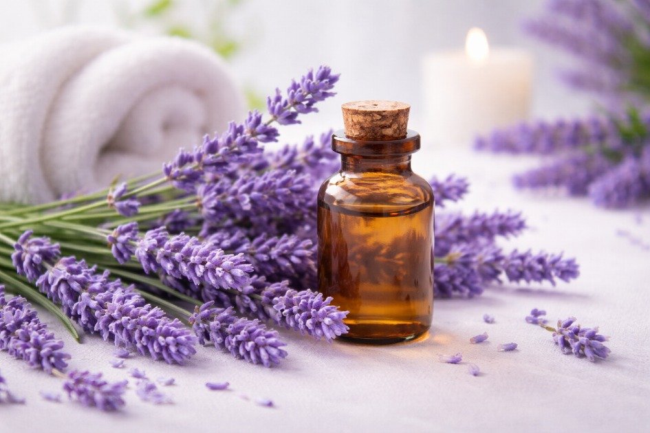 Bottle of lavender essential oil with fresh lavender flowers, promoting relaxation and better sleep naturally.