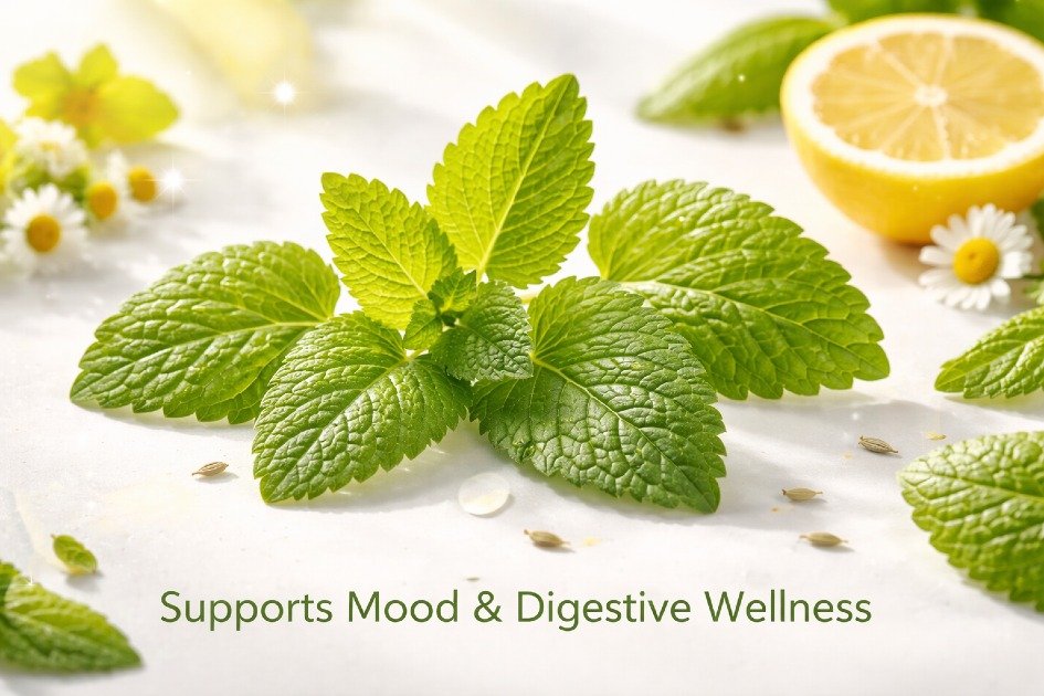 Fresh lemon balm leaves in sunlight, supporting natural mood and digestive wellness.