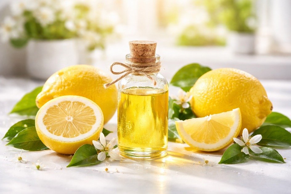 Bright lemon essential oil in a glass bottle with fresh lemons, energizing your mood and refreshing your home naturally.