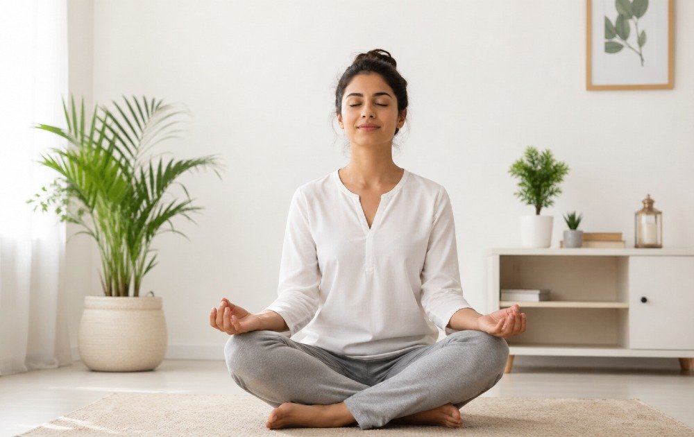Calm person sitting peacefully, showing reduced anxiety and mental tension with relaxed posture and clear mind.