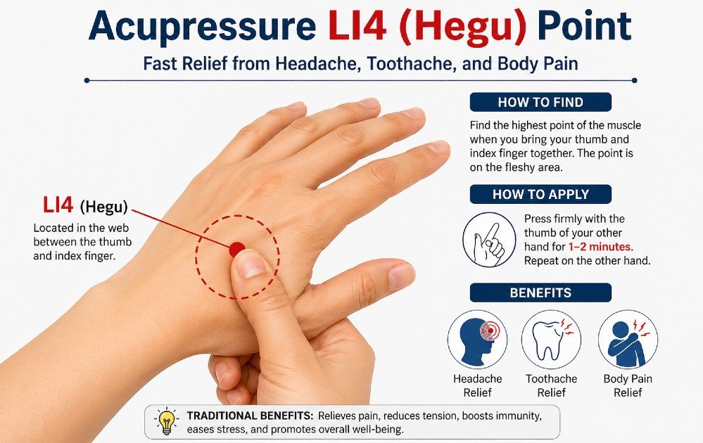 Acupressure LI4 (Hegu) point on hand for fast relief from headache, toothache, and body pain