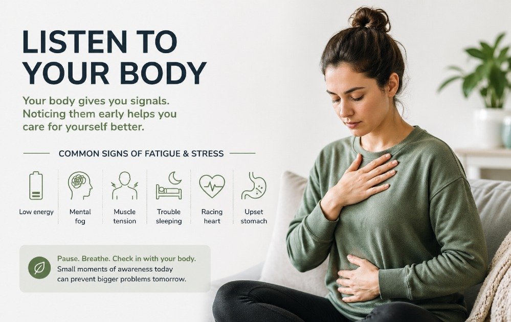 Person pausing to reflect on physical signals of fatigue and stress, illustrating mindful awareness of body feedback.
