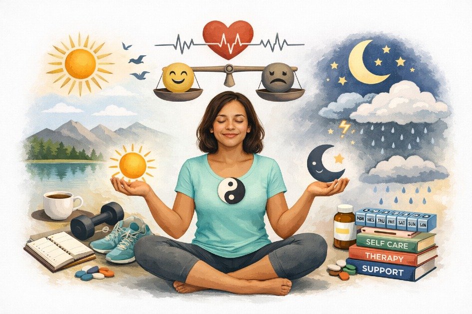 Person embracing daily balance and mental stability while managing bipolar disorder