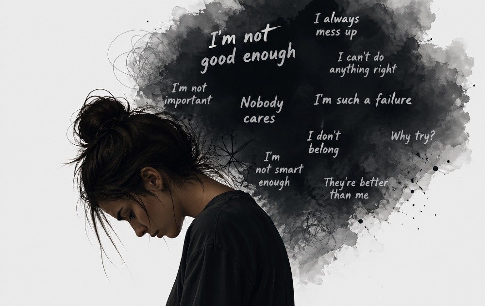 A thoughtful illustration of a person looking down with shadowed inner thoughts symbolizing self-doubt and negative self-talk.
