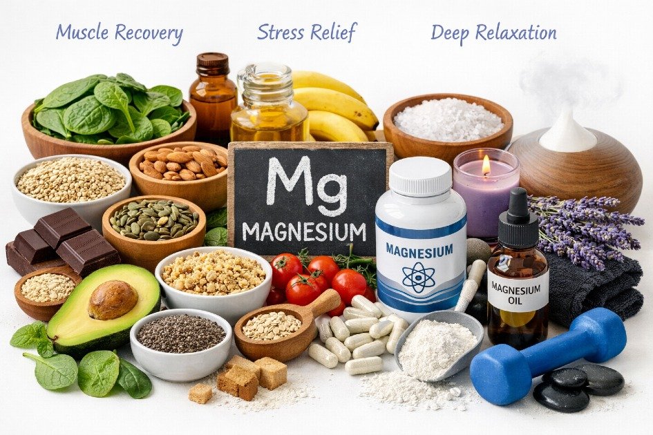 Magnesium-rich foods and supplements supporting muscle recovery, stress relief, and deep relaxation