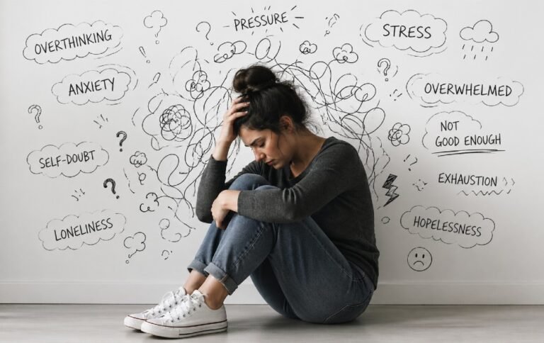 Person sitting thoughtfully with visible signs of stress, representing major mental health challenges affecting clarity and emotional strength.