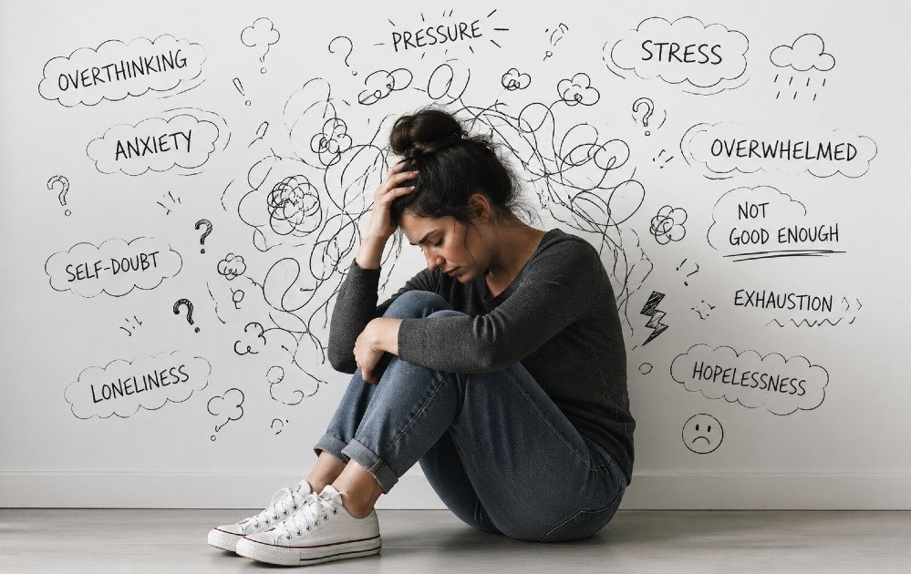 Person sitting thoughtfully with visible signs of stress, representing major mental health challenges affecting clarity and emotional strength.