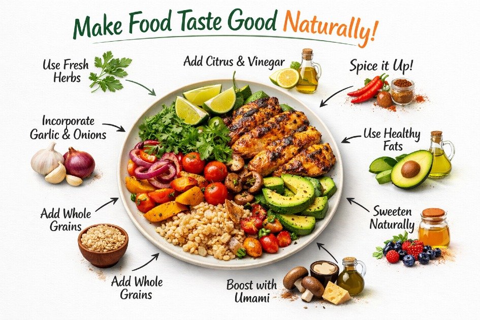 Delicious, flavorful meal on a plate with vibrant ingredients, showing tips to make food taste better naturally.