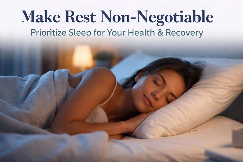 Person sleeping peacefully in a calm, dark room, highlighting the importance of making rest a daily priority for mental and physical health.