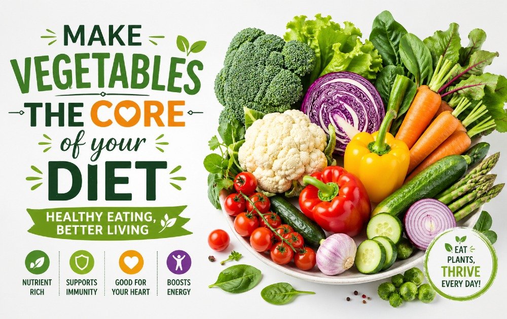 Colorful fresh vegetables arranged to promote a plant-based, healthy diet.
