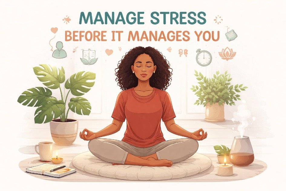 Person practicing mindfulness and relaxation to manage stress effectively