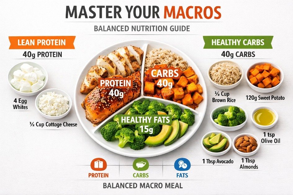 Macro-balanced meal with protein, carbs, and healthy fats arranged for precise nutrition tracking