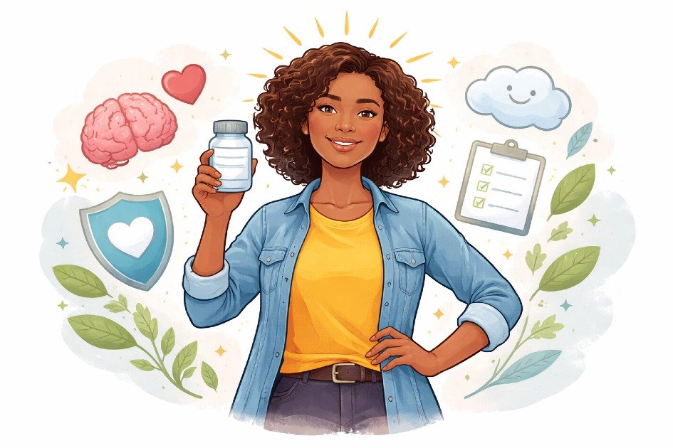 Person confidently managing mental health with prescribed medication, symbolizing strength and empowerment.
