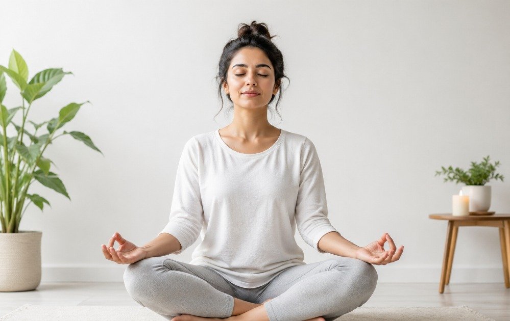 Person sitting in calm meditation posture, practicing mindfulness to reduce anxiety and stress.