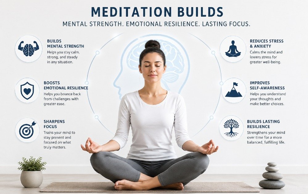 Person meditating calmly, representing how meditation strengthens long-term mental resilience and focus