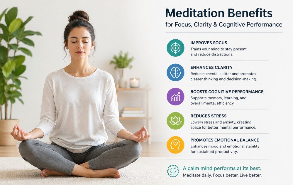 Person meditating in a calm space to improve focus, clarity, and cognitive performance