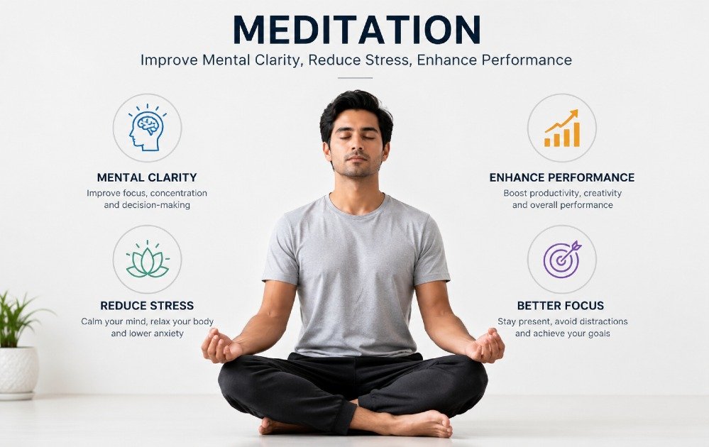 Person meditating calmly to improve mental clarity, reduce stress, and enhance performance