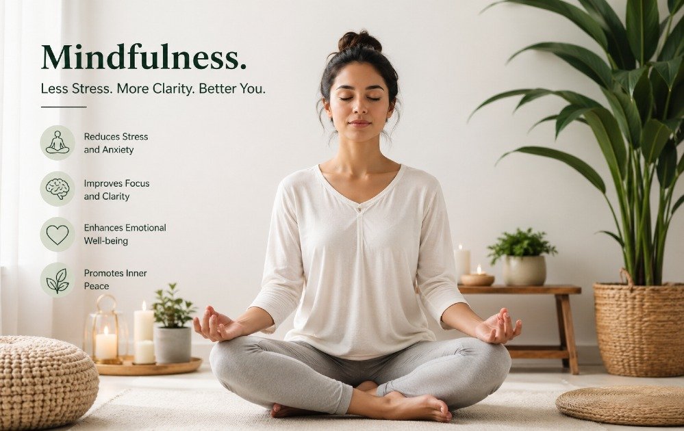 Person meditating in a calm space, symbolizing stress reduction and mental clarity through mindfulness practice.