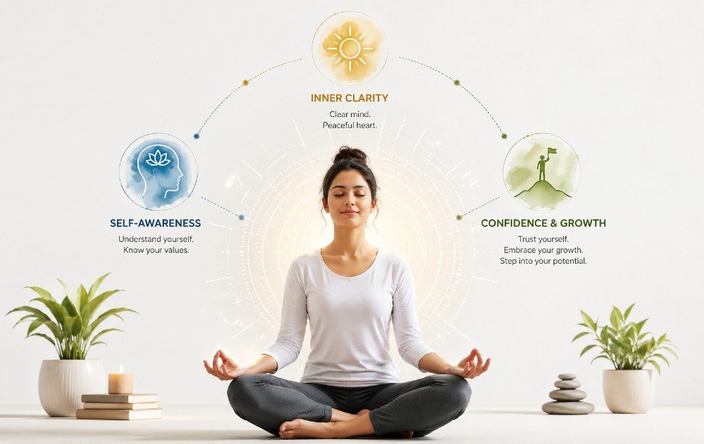 Person meditating calmly, symbolizing increased self-awareness, inner clarity, and growing confidence through mindfulness practice