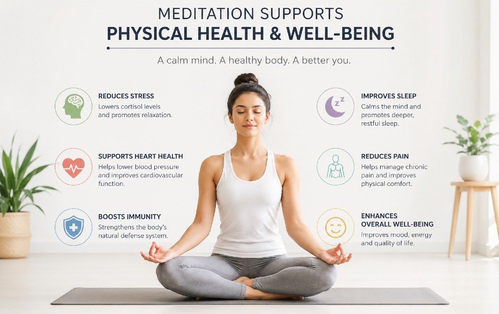 Person meditating in a calm posture, symbolizing how meditation supports physical health and overall well-being.