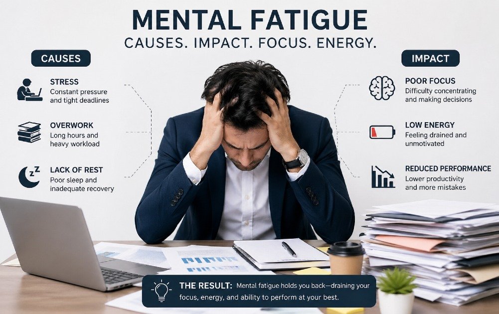 Person experiencing mental exhaustion caused by stress, poor sleep, and cognitive overload