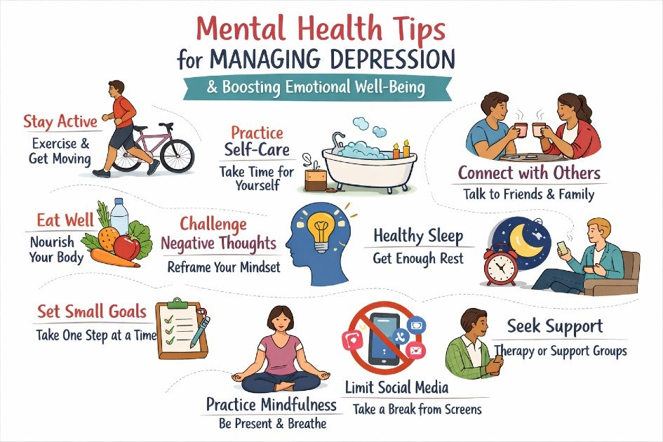 Practical mental health tips for managing depression and boosting emotional well-being.